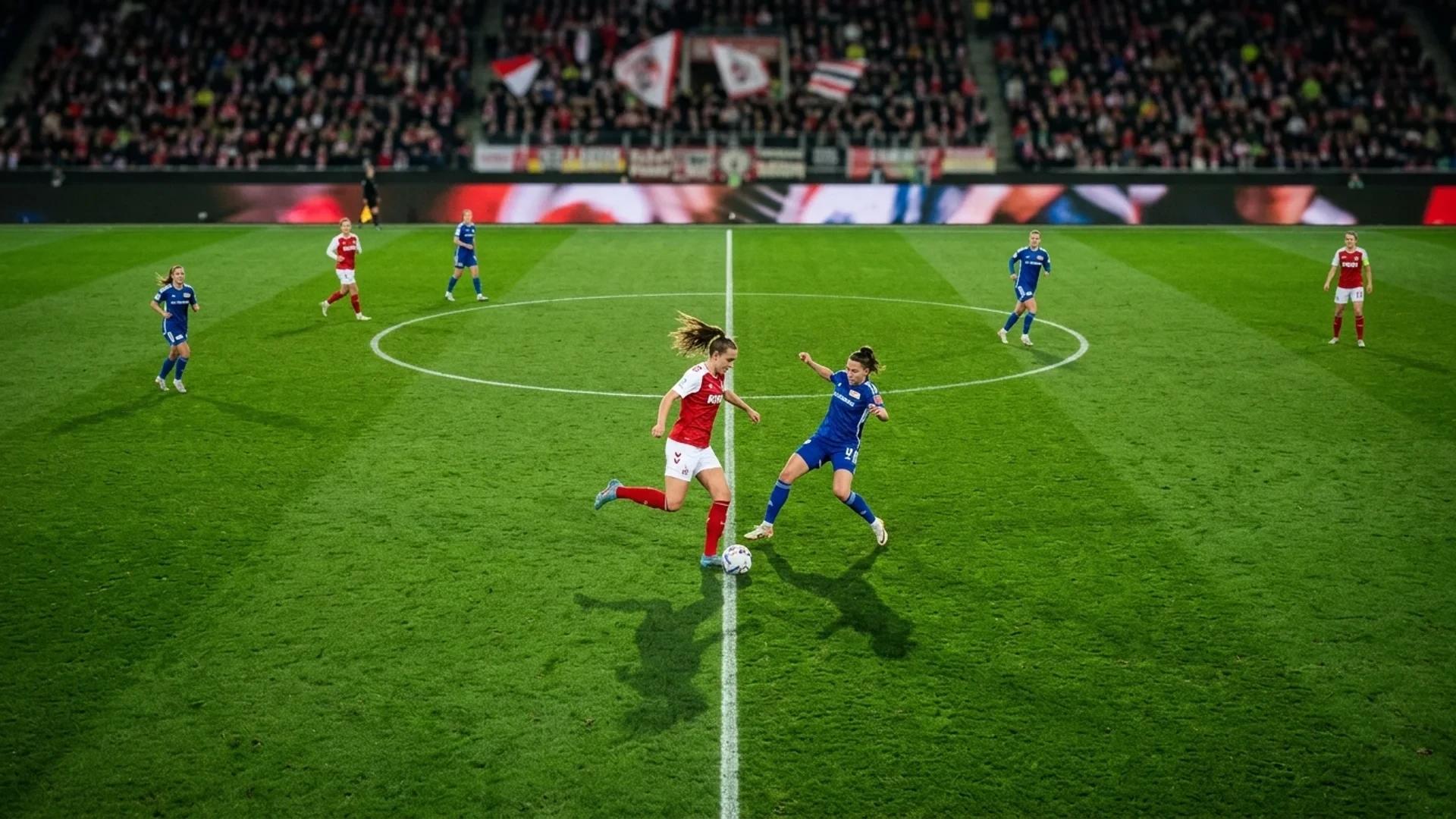 A top-down view of a football match, showcasing a player from FC Köln dribbling the ball past a defender from Union Berlin.