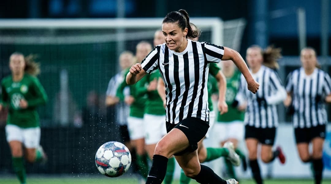 A football player from Brommapojkarna dribbling the ball during a match against Norrköping.