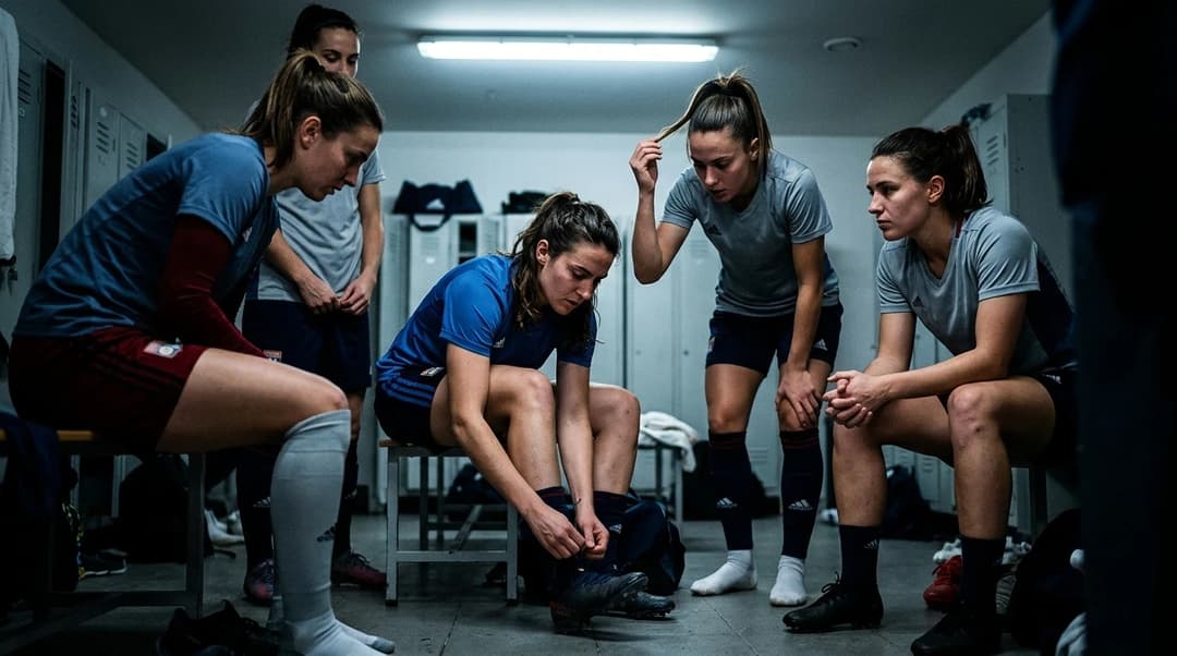 Female athletes in a locker room preparing for a match, highlighting their focus and teamwork.