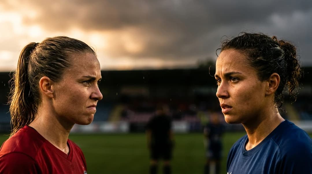 Extreme close-up of two female football players from Rosengård and Uppsala, showing intense expressions before the match.