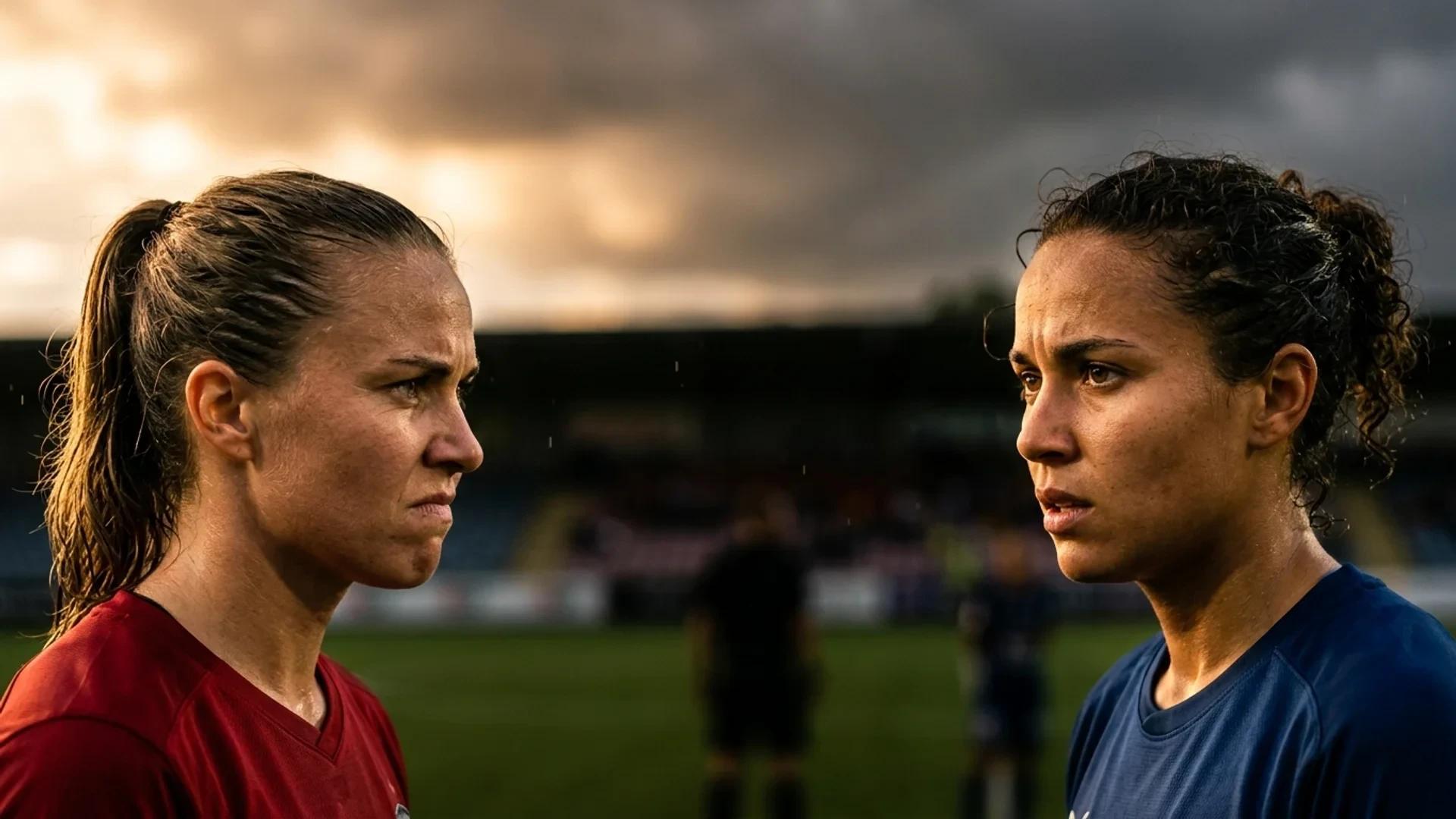 Extreme close-up of two female football players from Rosengård and Uppsala, showing intense expressions before the match.