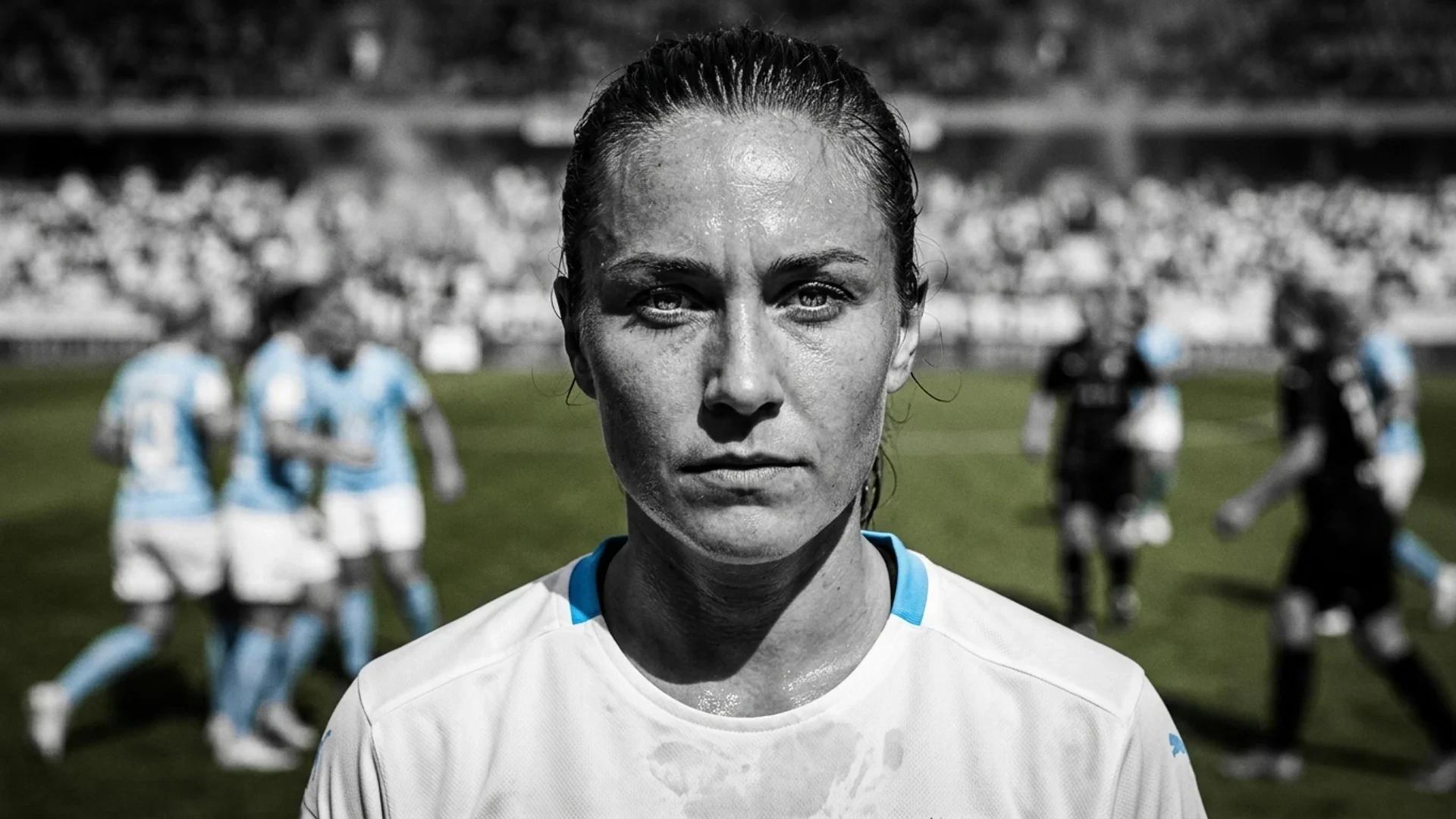 A close-up of a female football player from Malmö FF, displaying determination during a match.