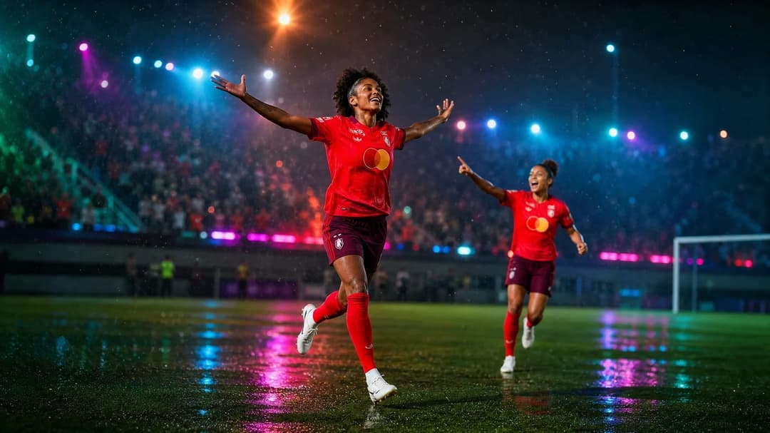 Melchie Dumornay celebrates her hat-trick in a vibrant stadium filled with cheering fans.