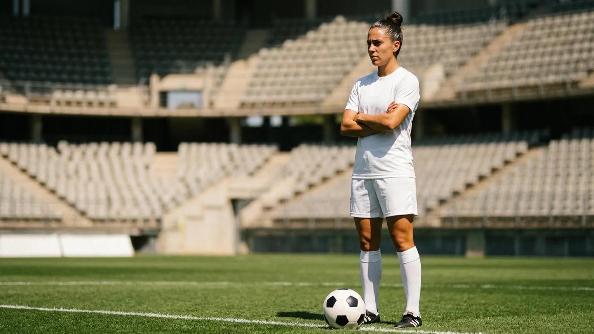 A female football player standing on a pitch with a football at her feet.