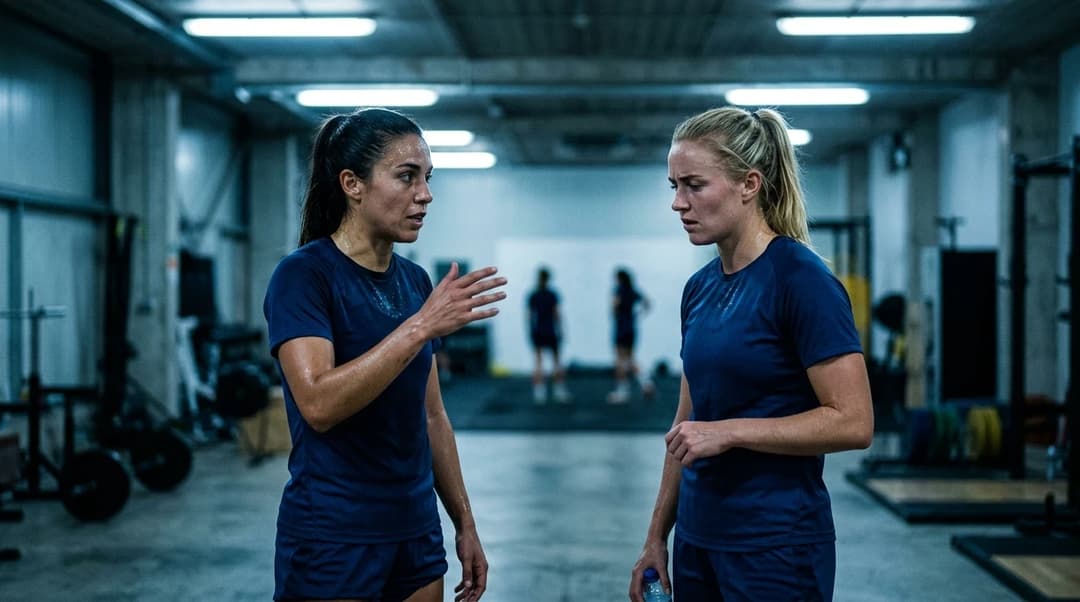 Two female football players discussing strategies in a training facility.