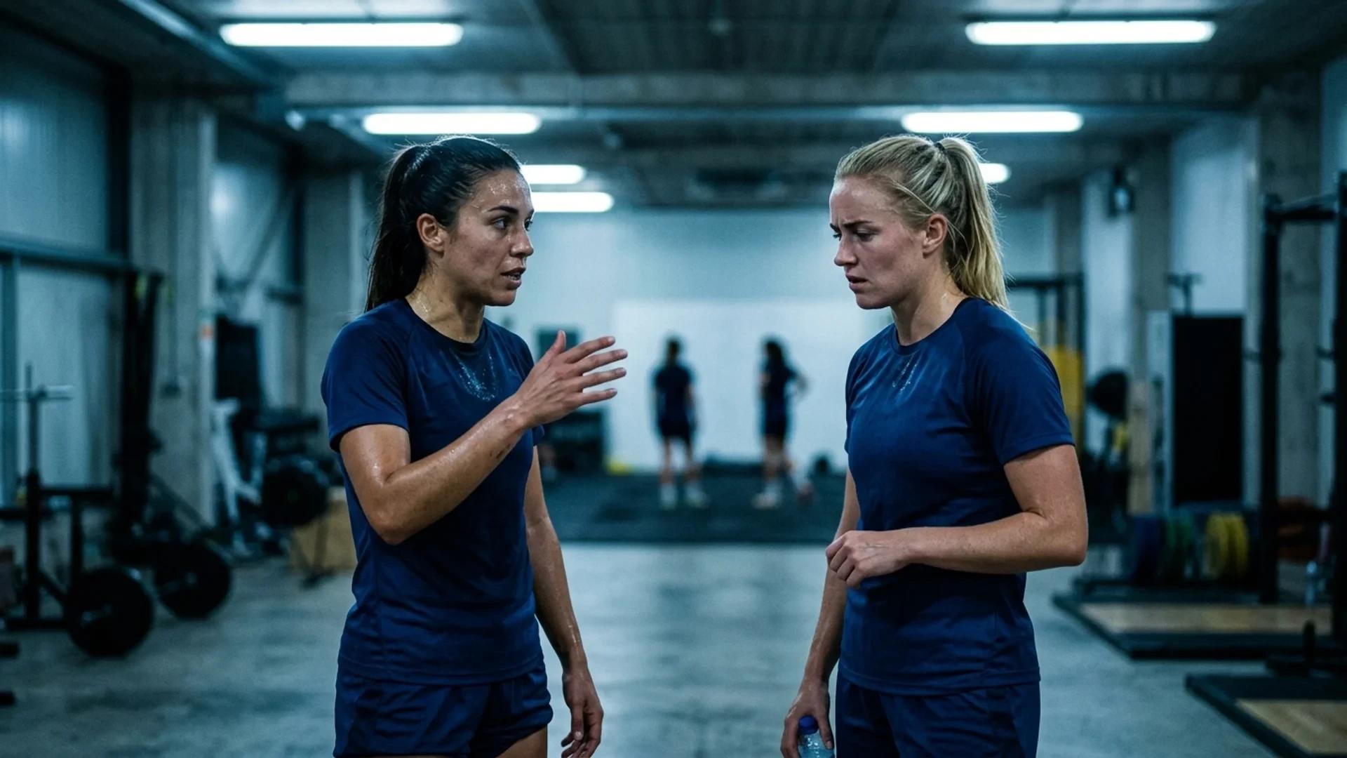 Two female football players discussing strategies in a training facility.