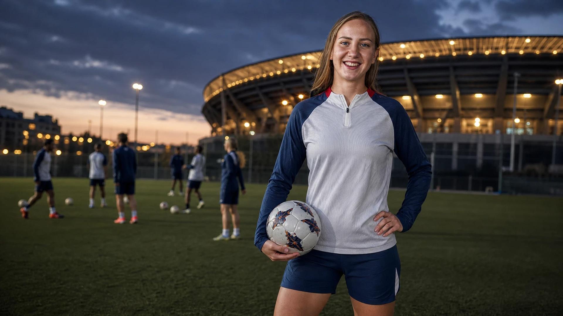 Andjela Krstic standing confidently in front of Parc des Princes during twilight.