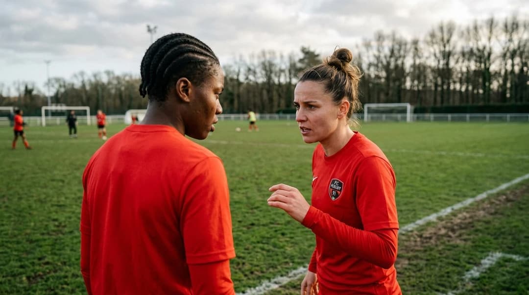 Two female football players in red uniforms discussing tactics during a training session.