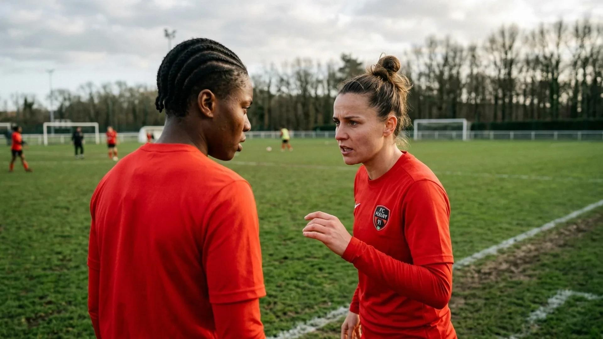Two female football players in red uniforms discussing tactics during a training session.