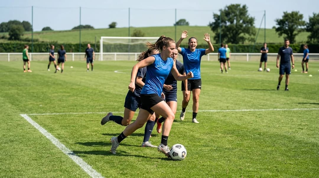 A female football player from Saint-Malo in action during a training session.