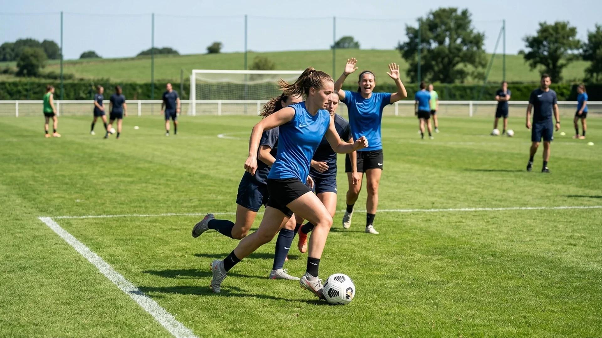 A female football player from Saint-Malo in action during a training session.