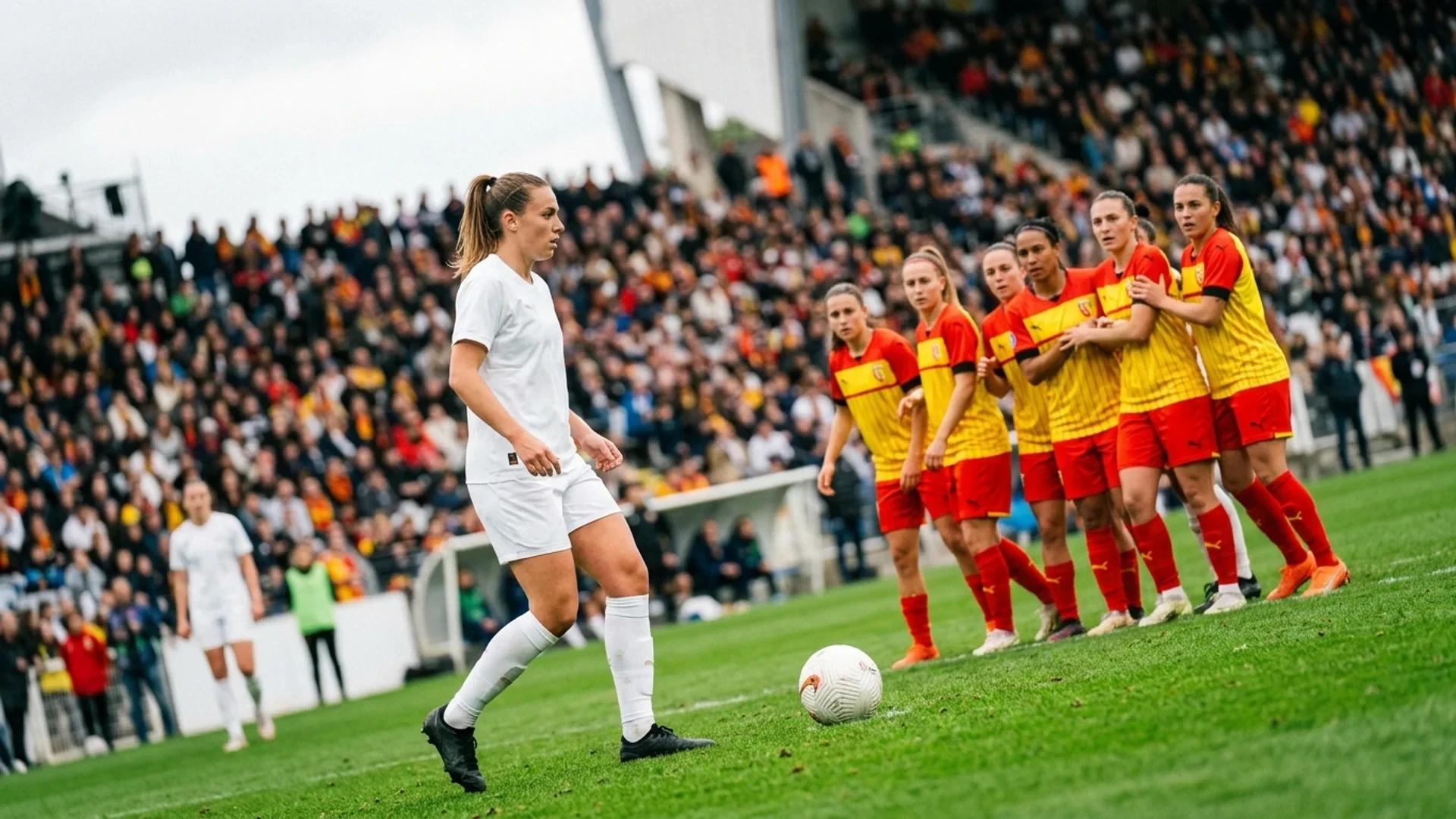 A Marseille player prepares for a free kick, surrounded by Lens players in a tense moment of the match.