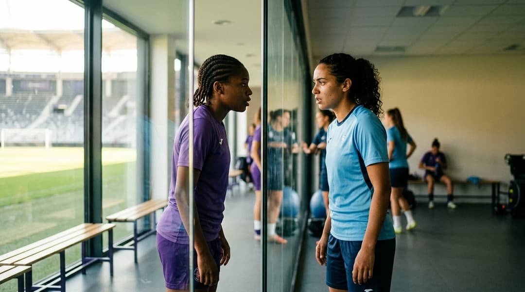 Two female football players engaged in a serious discussion with a glass barrier in between.