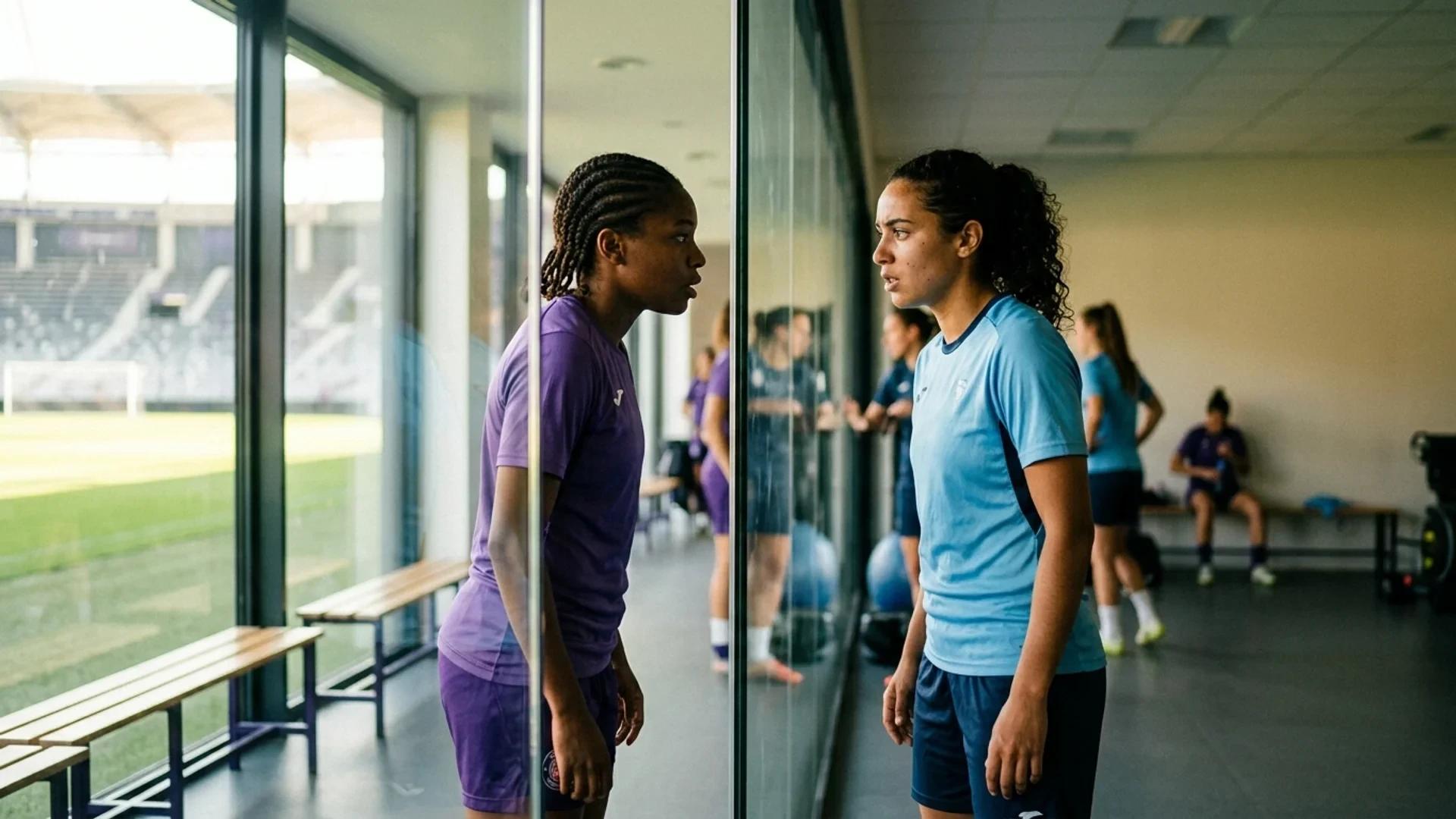 Two female football players engaged in a serious discussion with a glass barrier in between.