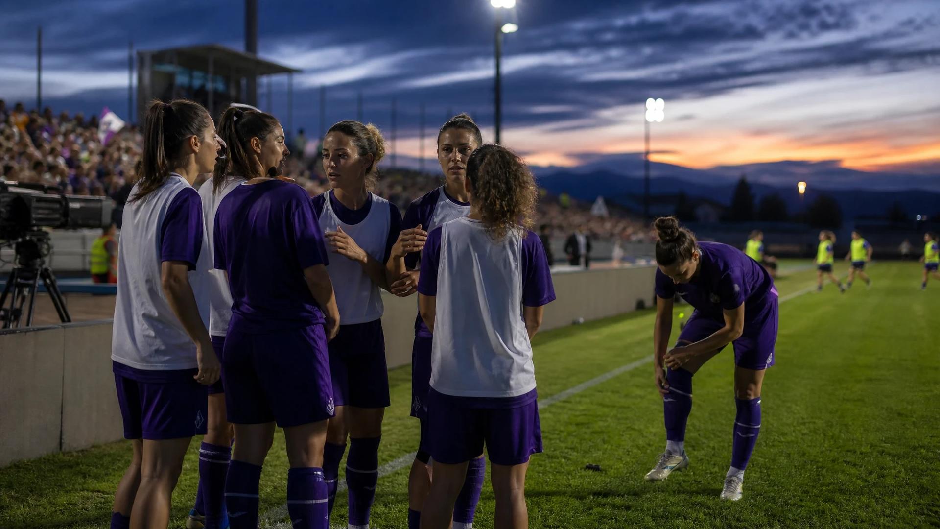 A group of female football players preparing by the touchline at dusk, with one player adjusting her shin guards.