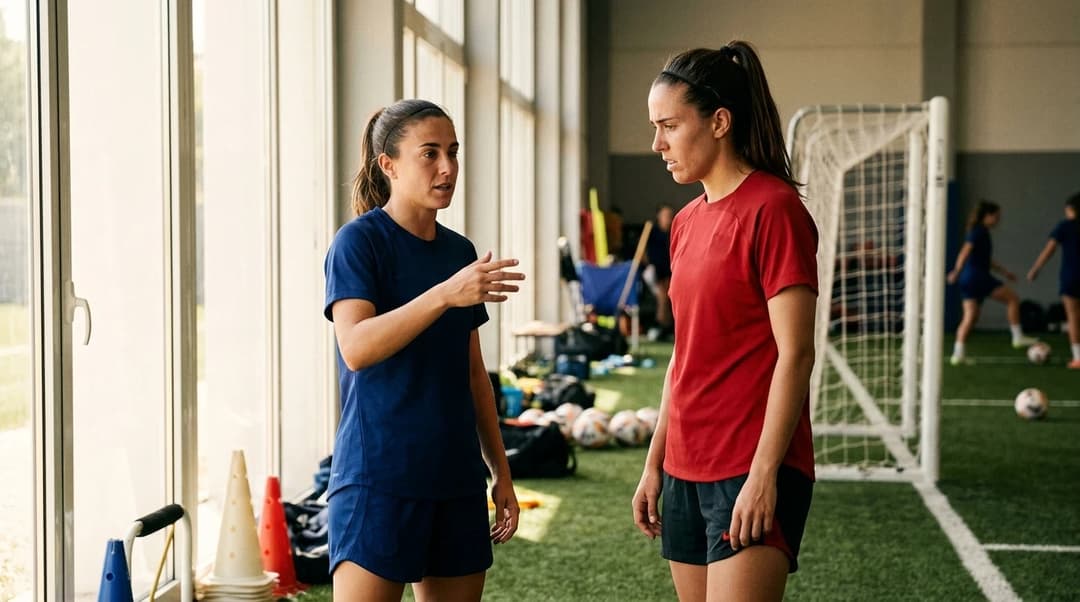 Two female football players engaged in a discussion, illuminated by soft daylight.