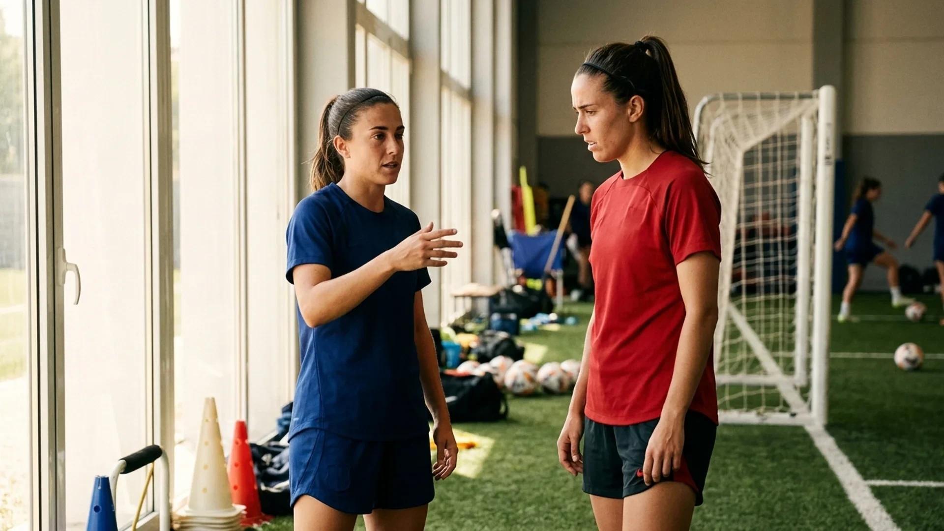 Two female football players engaged in a discussion, illuminated by soft daylight.