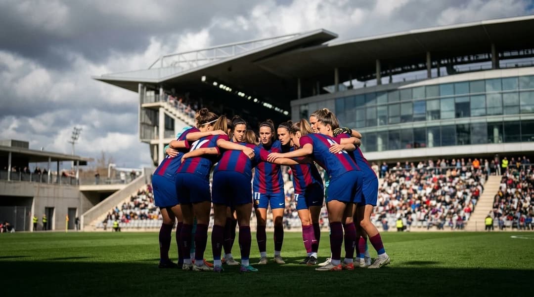 A group of female football players huddled in strategy before a match against Atletico Madrid.
