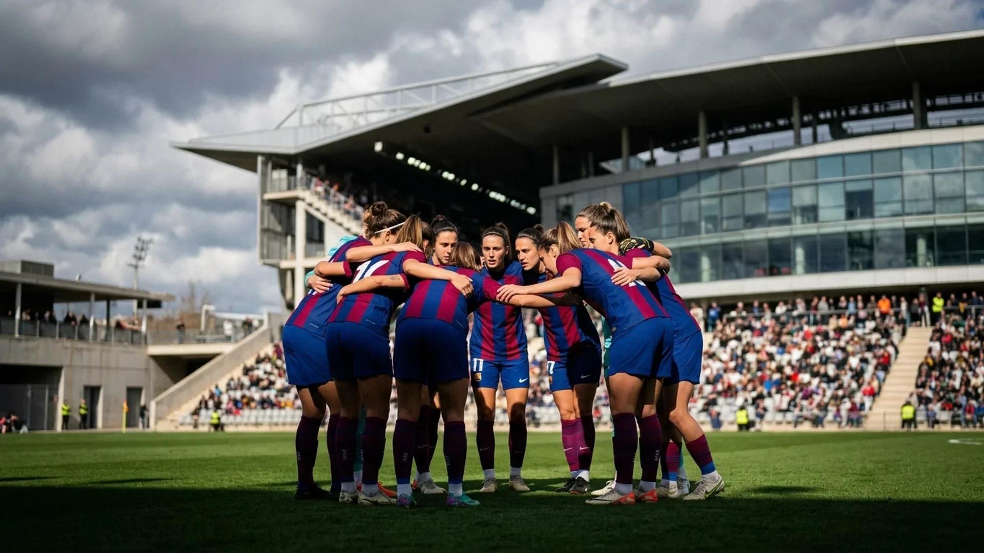 A group of female football players huddled in strategy before a match against Atletico Madrid.