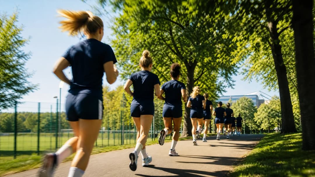 The Women's Team jogging along a sunlit path, preparing for their upcoming match.