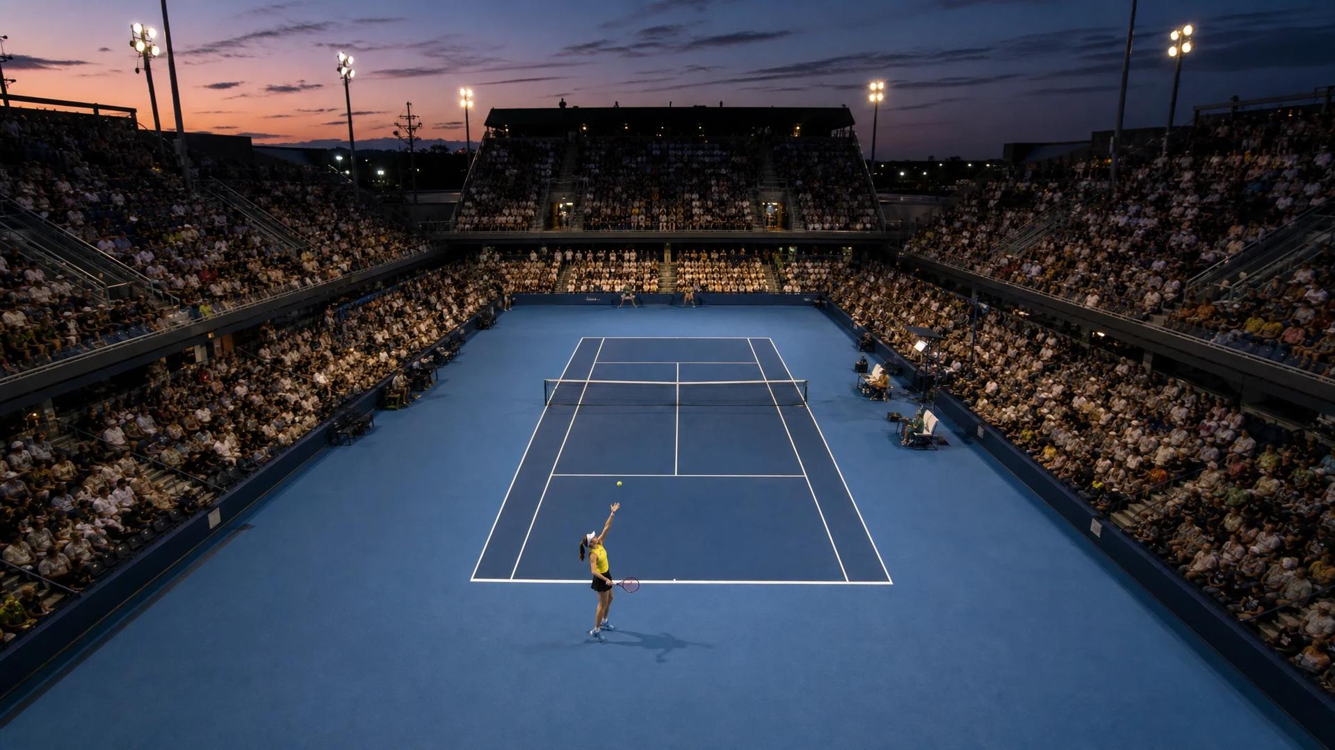 Vista de pájaro de una cancha de tenis al anochecer con Elena Rybakina preparándose para sacar.