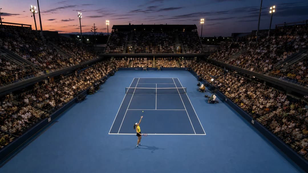 A bird's-eye view of a tennis court at dusk with Elena Rybakina preparing to serve.