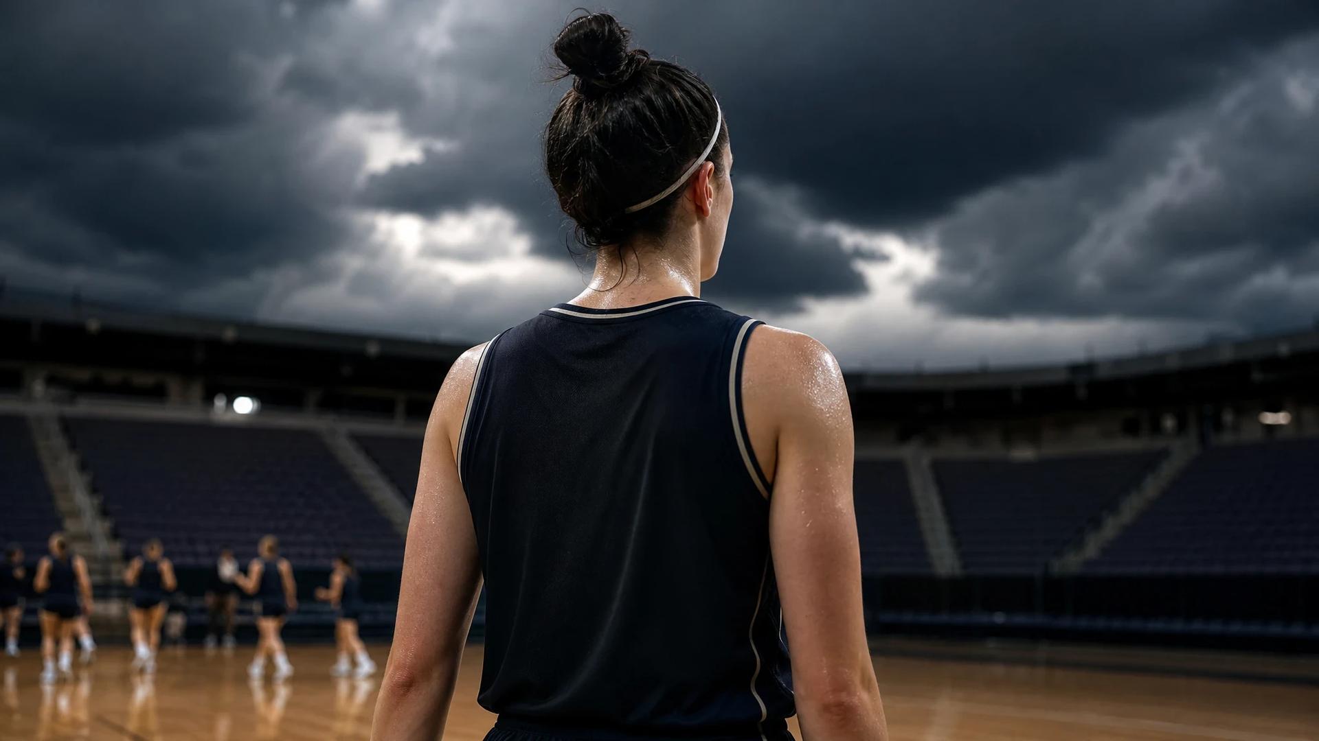 Caitlin Clark is seen in an over-the-shoulder shot on the basketball court, looking out towards the empty stands under a stormy sky.