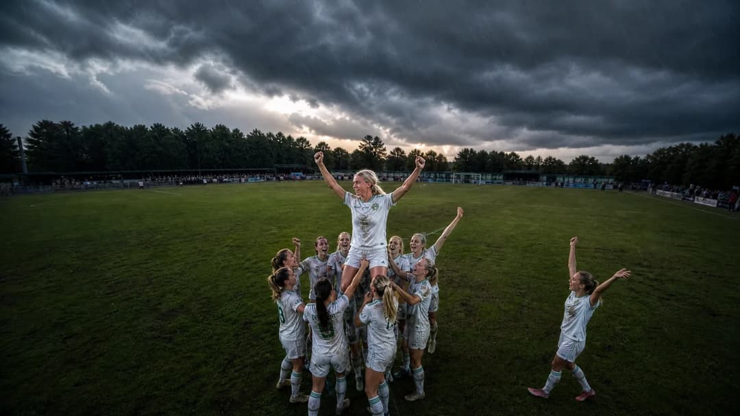Aerial view of feminine football players celebrating a victory on a stormy field.