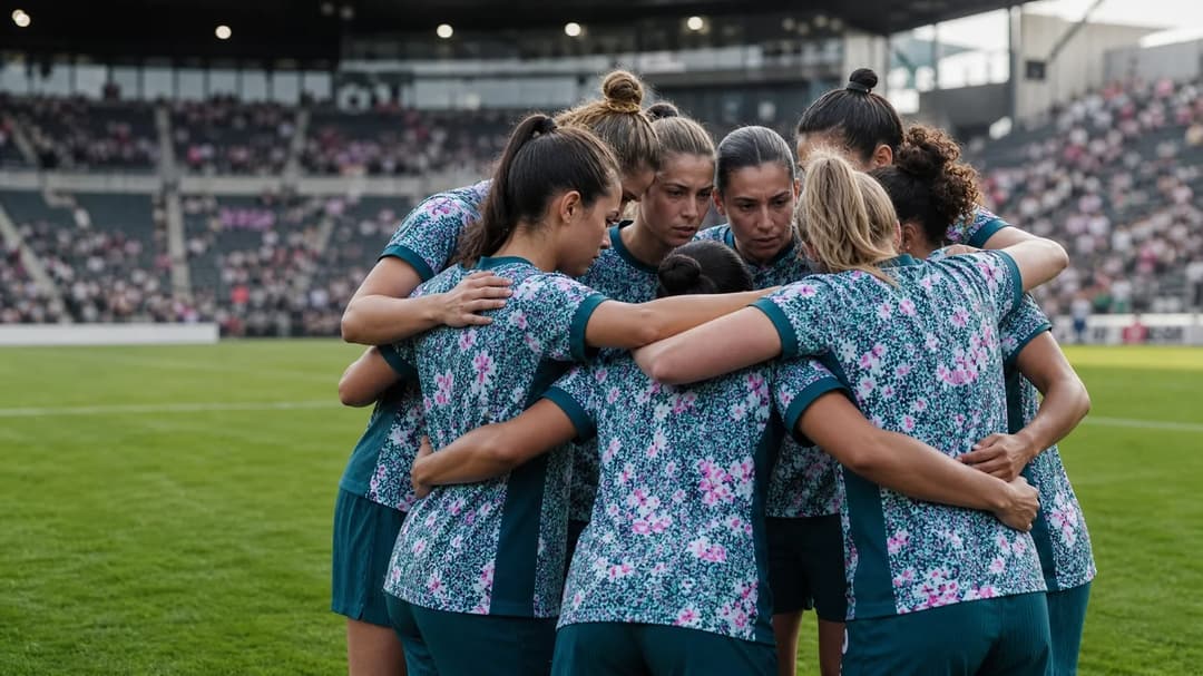 Washington Spirit players in a huddle, preparing for their match against Portland Thorns at Providence Park.