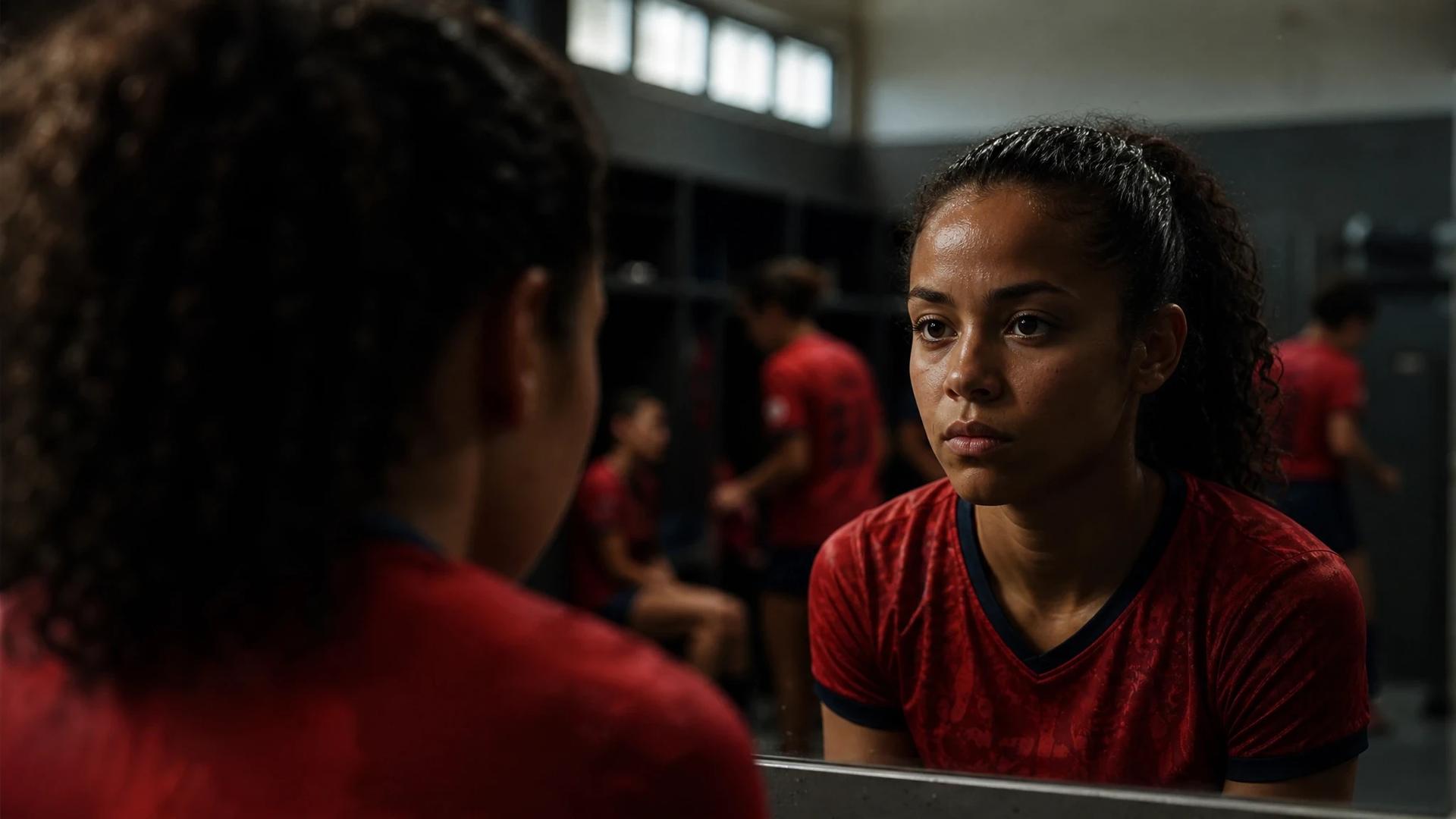 A female soccer player in a locker room looking at herself in a mirror.