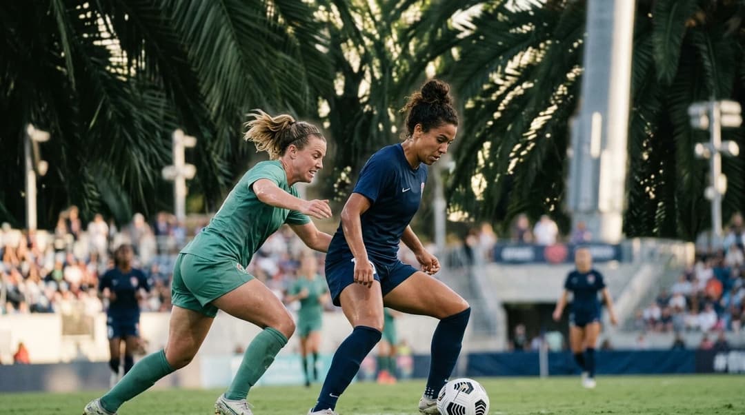 A tense moment in a women's football match featuring players from the San Diego Wave and North Carolina Courage.