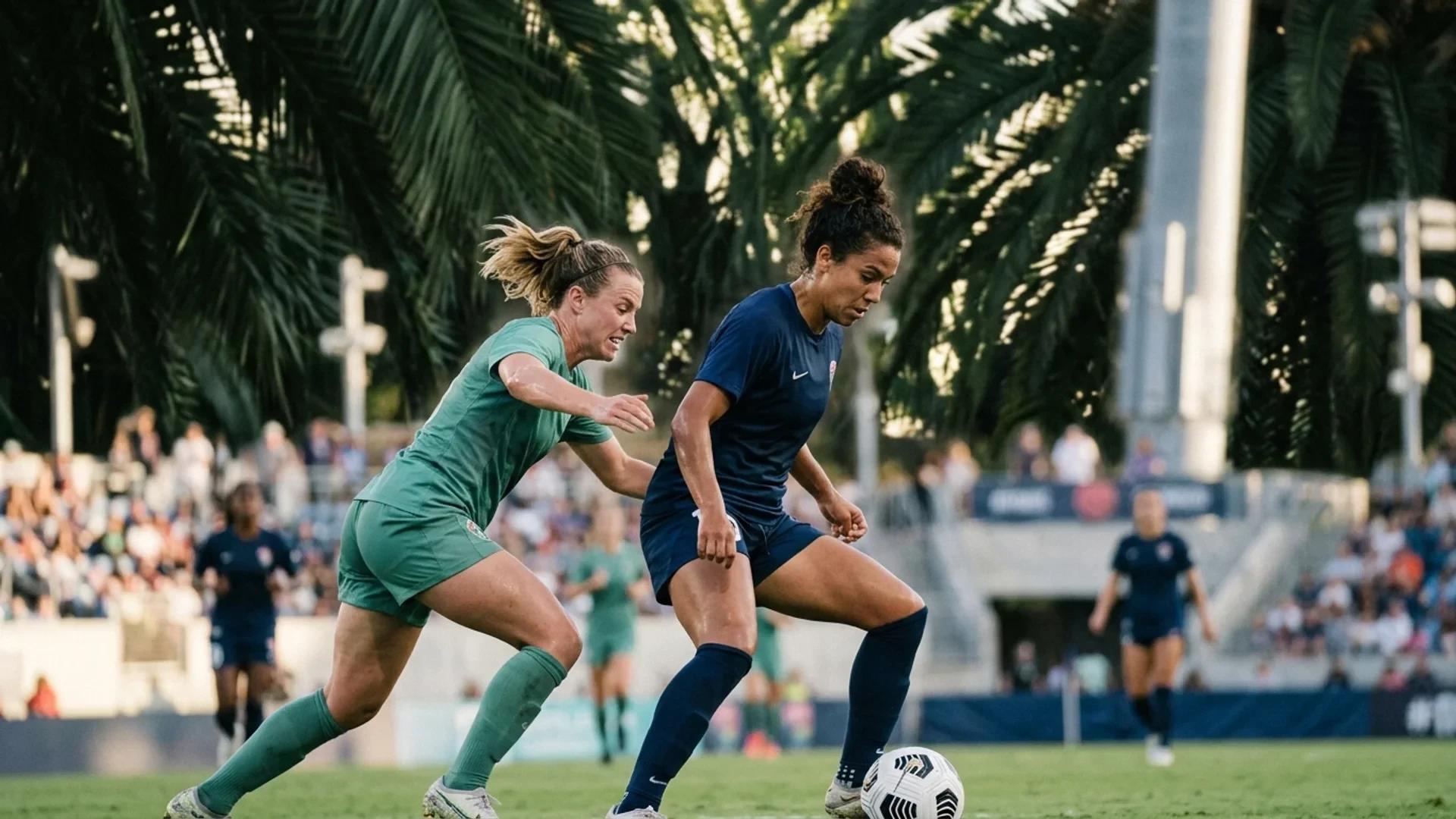 A tense moment in a women's football match featuring players from the San Diego Wave and North Carolina Courage.