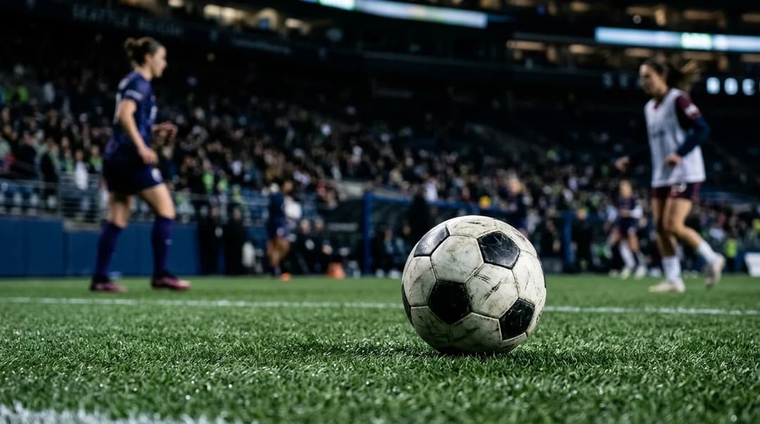 A close-up of a soccer ball on the pitch under cold fluorescent lights.