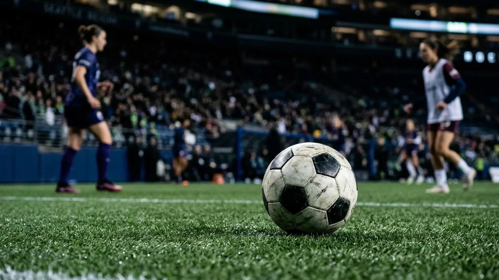 A close-up of a soccer ball on the pitch under cold fluorescent lights.