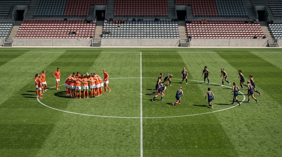 Bird's-eye view of a tense moment before a football match between Houston Dash and Utah Royals.