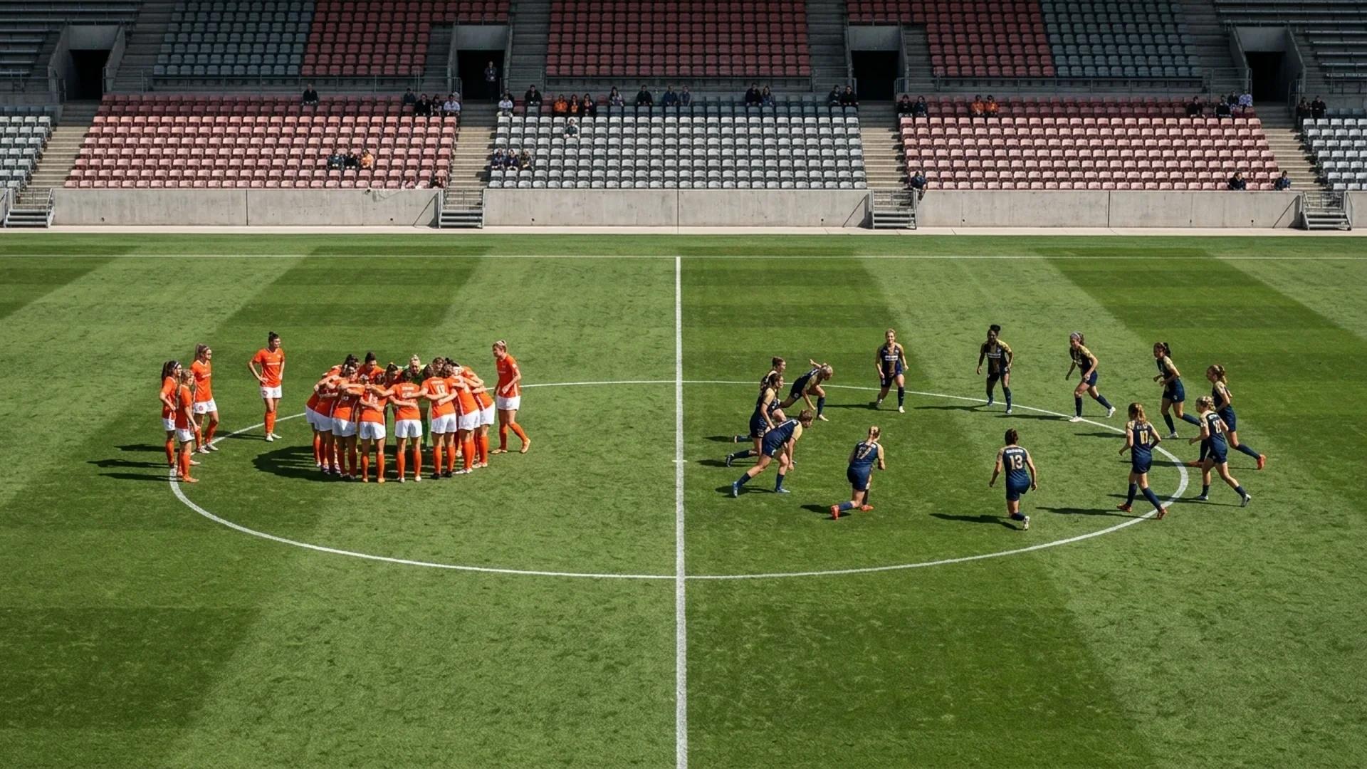 Bird's-eye view of a tense moment before a football match between Houston Dash and Utah Royals.
