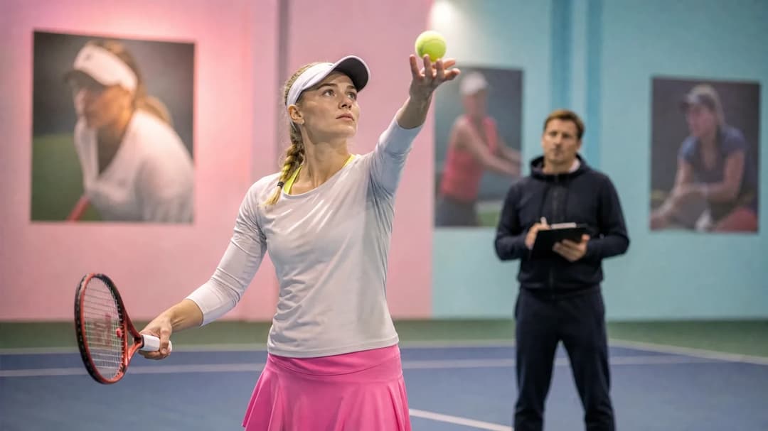 Elena Rybakina practicing tennis in a training facility with motivational decor.