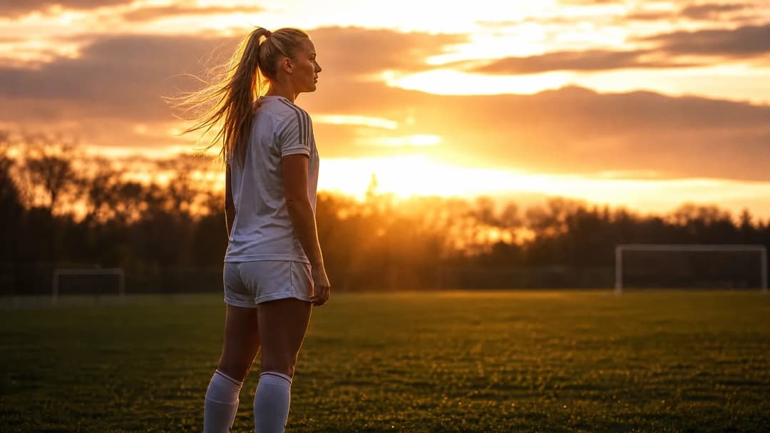 Silhouette of a female footballer against a vibrant sunset sky.