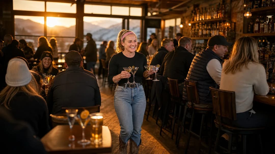 A footballer in cowgirl boots balancing martinis in a bustling Ketchum bar during golden hour.