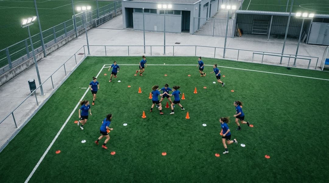 An aerial view of female football players training at a facility, demonstrating focus and determination.