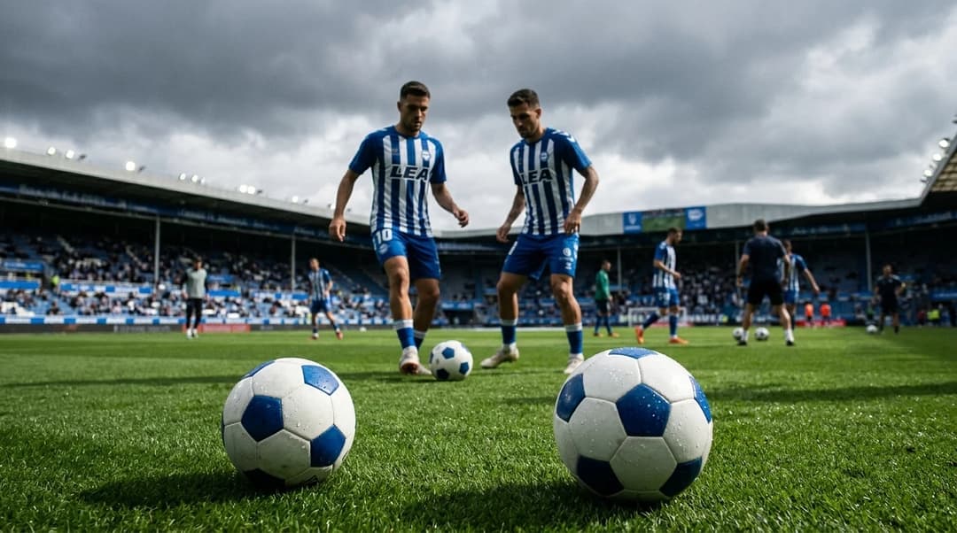 A close-up of a soccer ball on a wet grass pitch, with players practicing in the background under storm clouds.