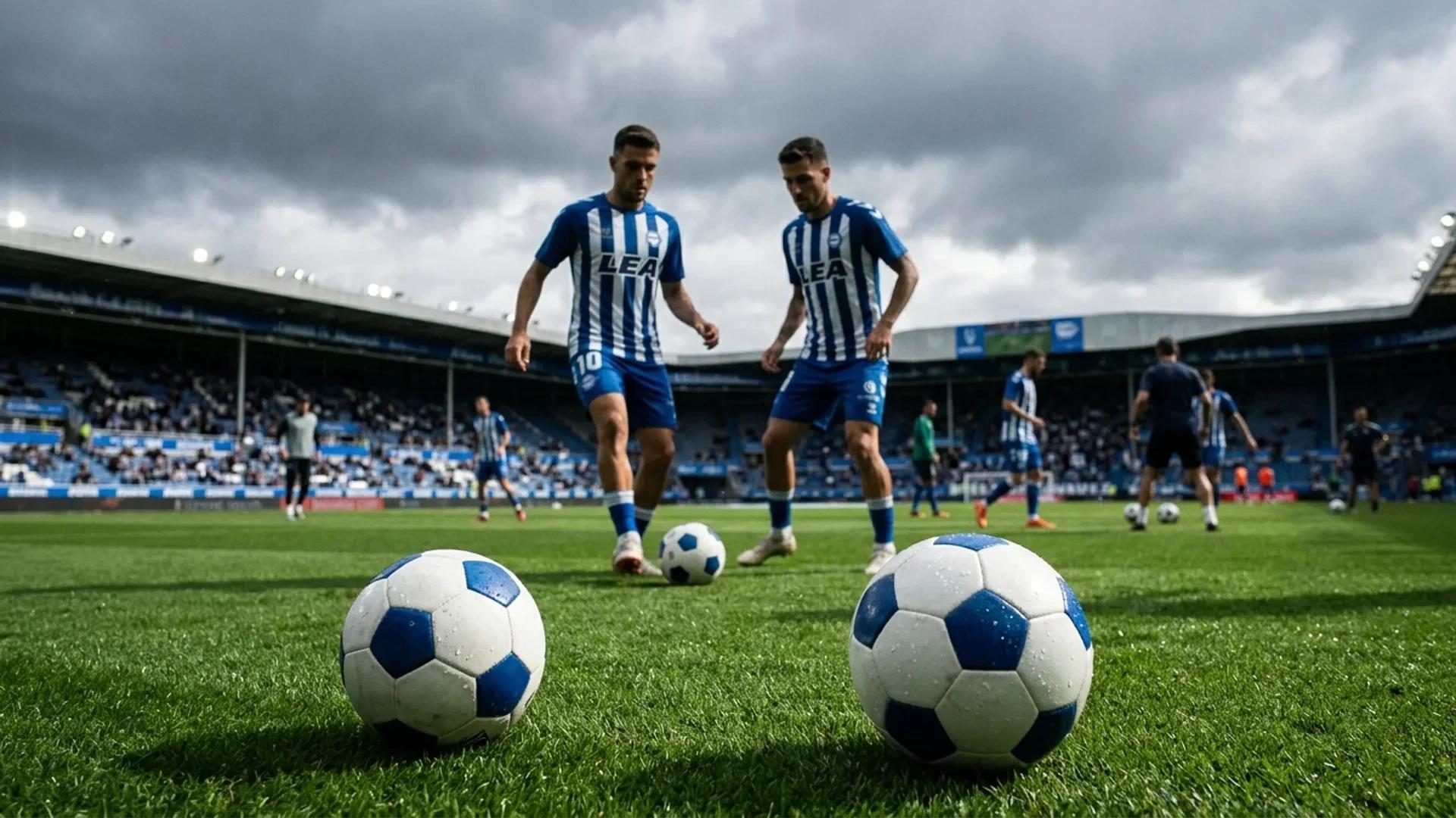A close-up of a soccer ball on a wet grass pitch, with players practicing in the background under storm clouds.
