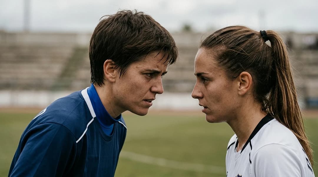 Primer plano de dos jugadoras de fútbol en una conversación seria en el campo.