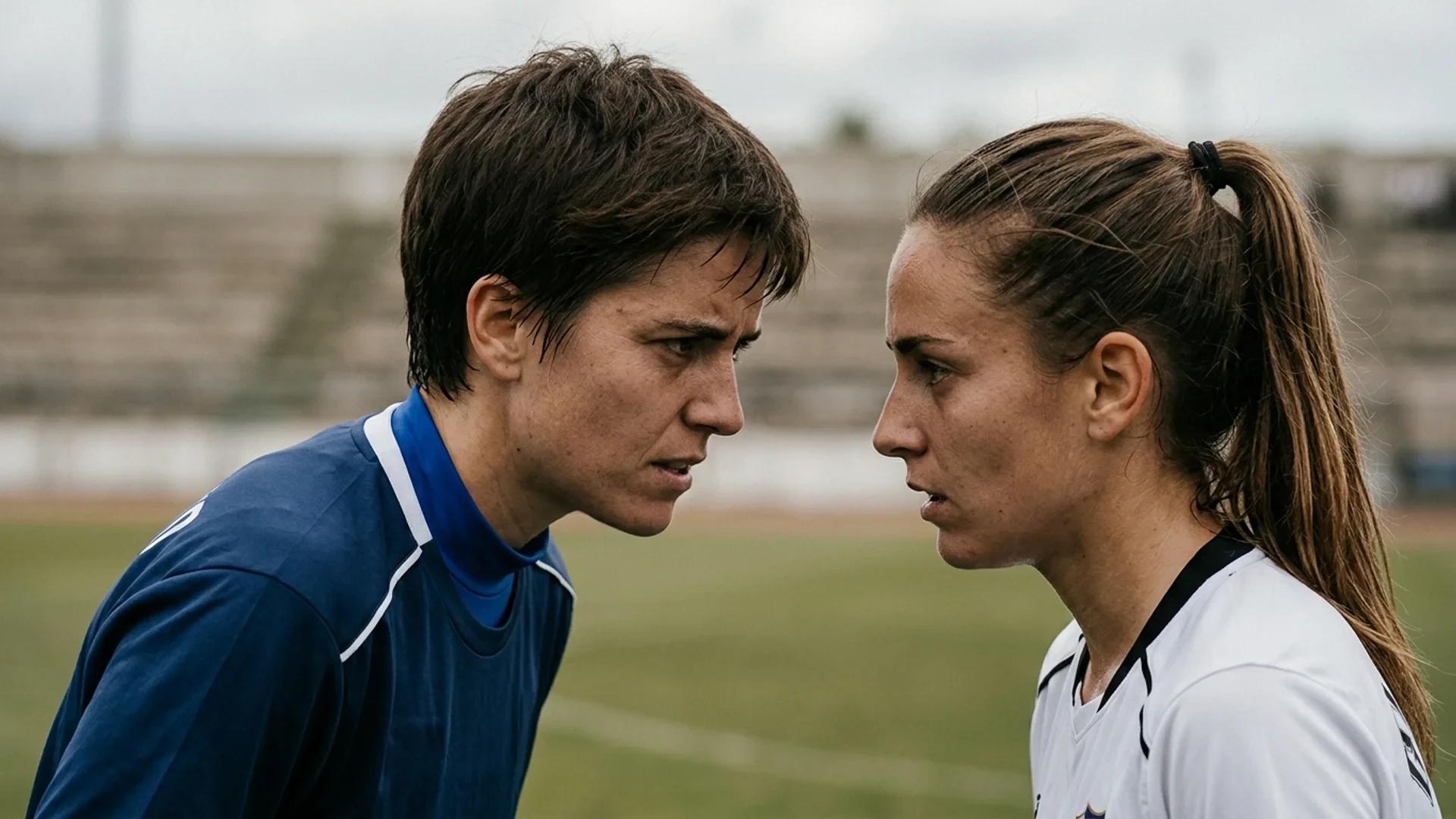 Primer plano de dos jugadoras de fútbol en una conversación seria en el campo.