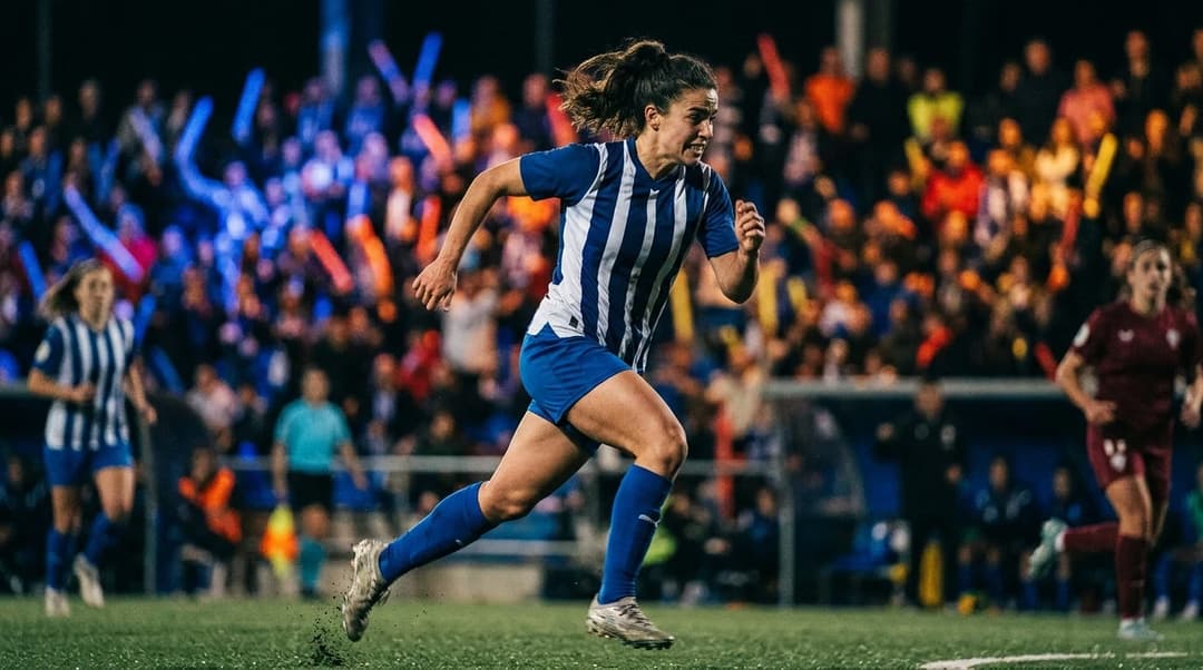 A female footballer from Deportivo Alavés sprinting down the pitch amidst a cheering crowd.
