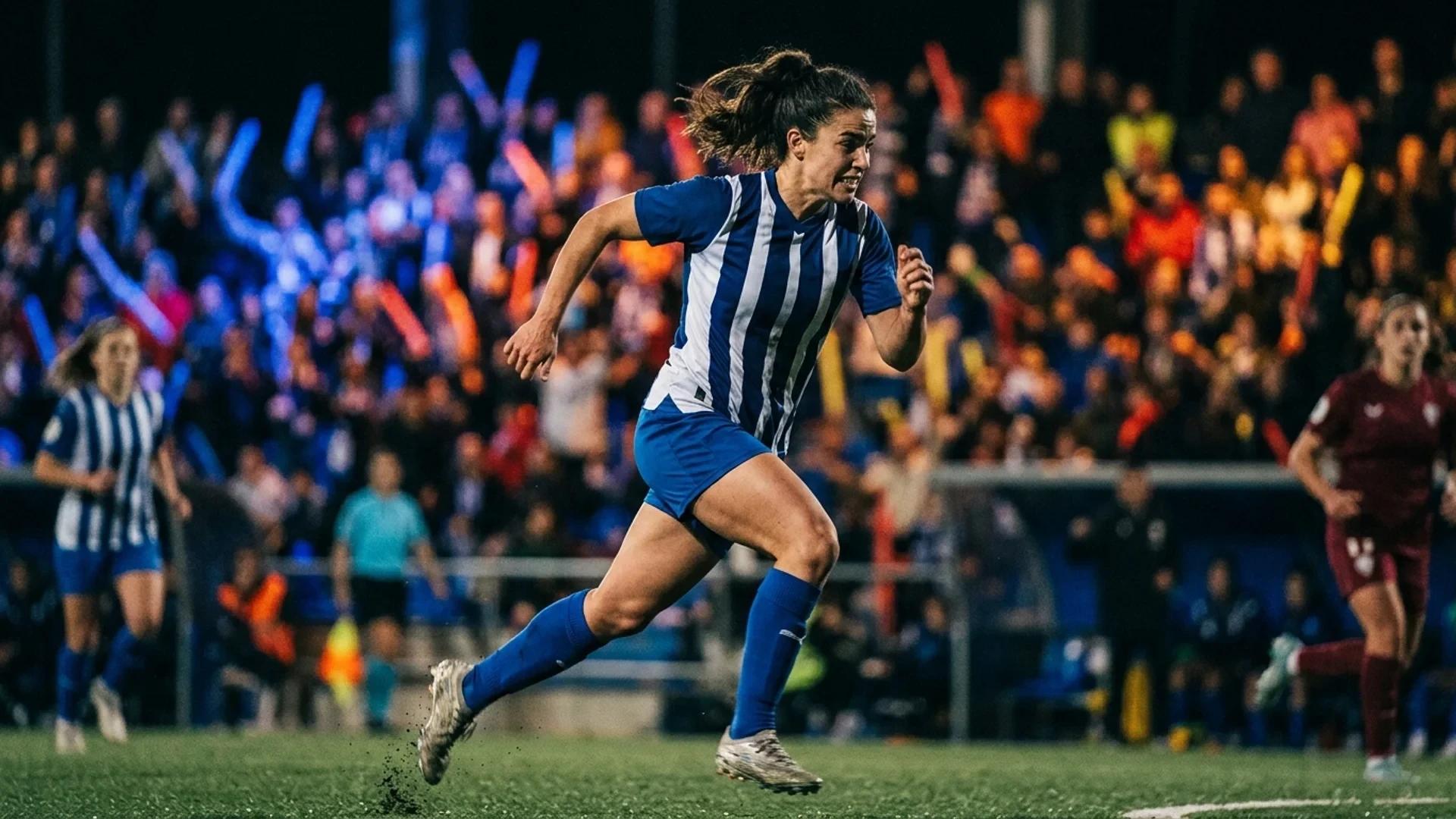 A female footballer from Deportivo Alavés sprinting down the pitch amidst a cheering crowd.