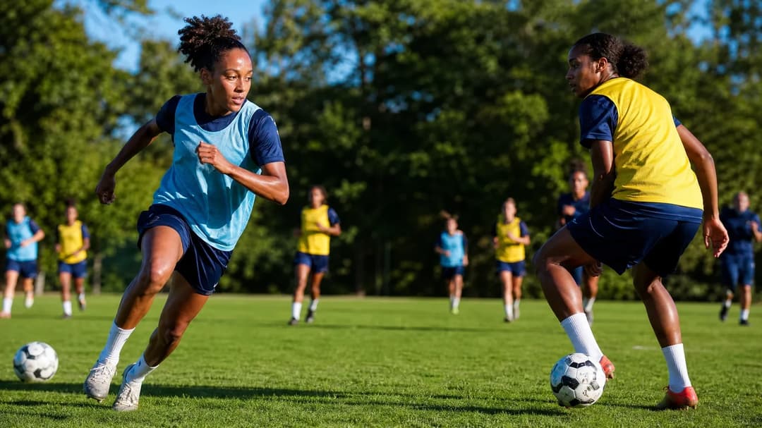 Delphine Cascarino and Atalanta Primus training on a sunlit pitch.