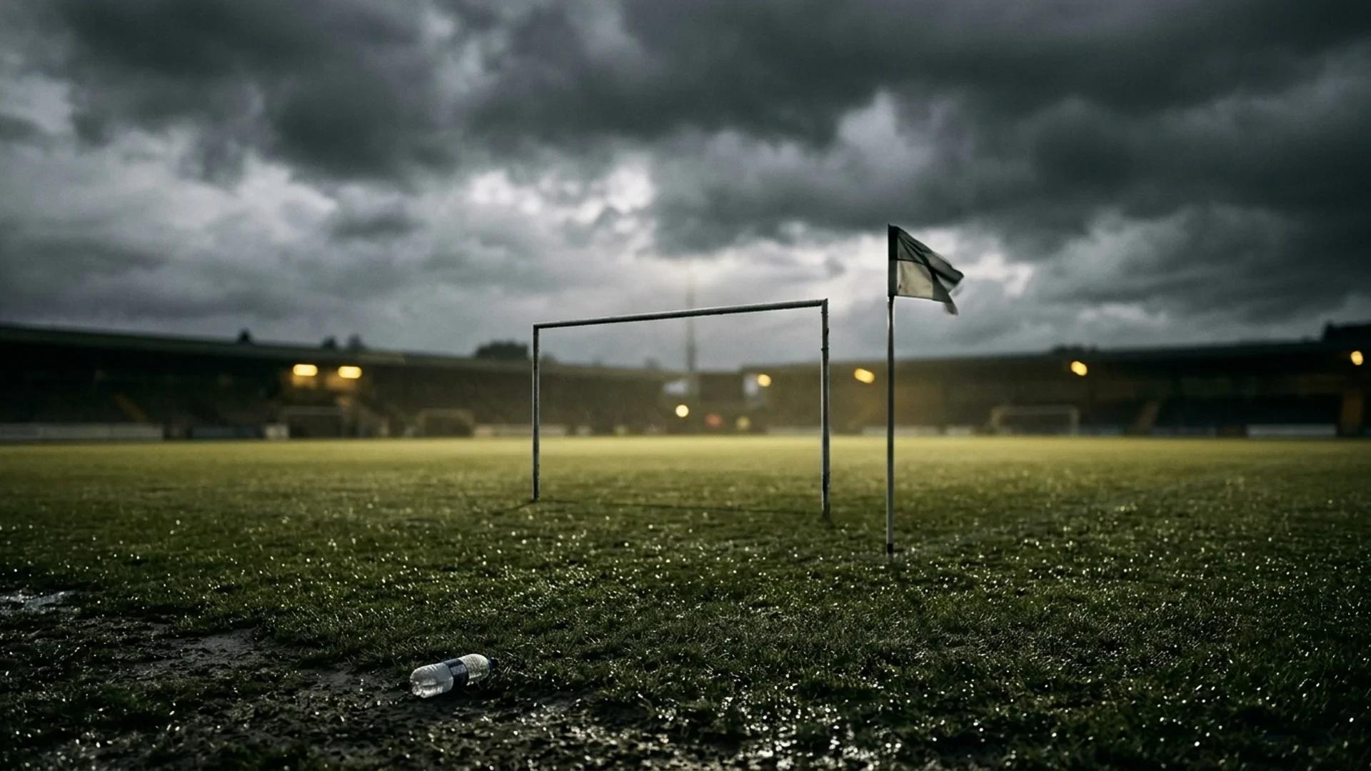 A deserted football pitch under stormy clouds after a match.