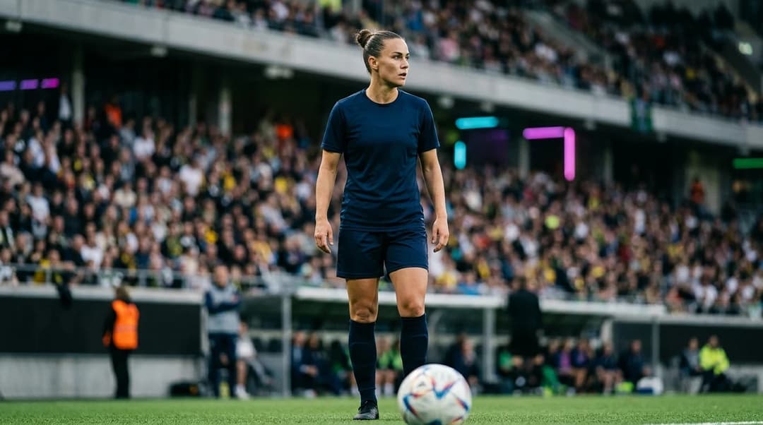 A female football player from Häcken stands in focus with a blurred crowd in the background.