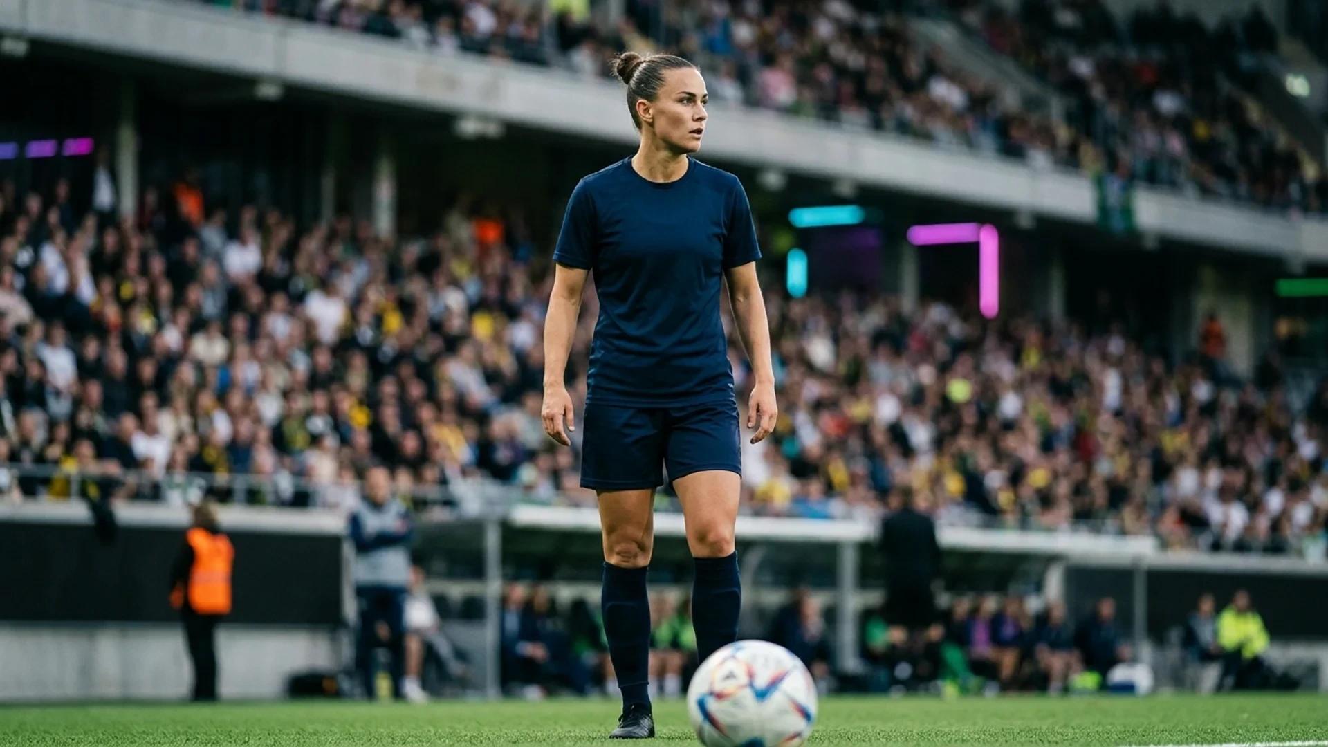 A female football player from Häcken stands in focus with a blurred crowd in the background.